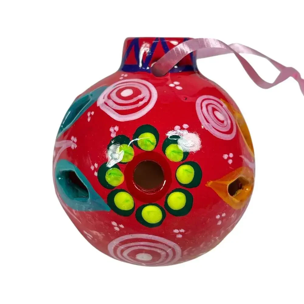 Pink Taravera Mexican Folk Art Clay Hand Painted Christmas Ornament Ball Floral